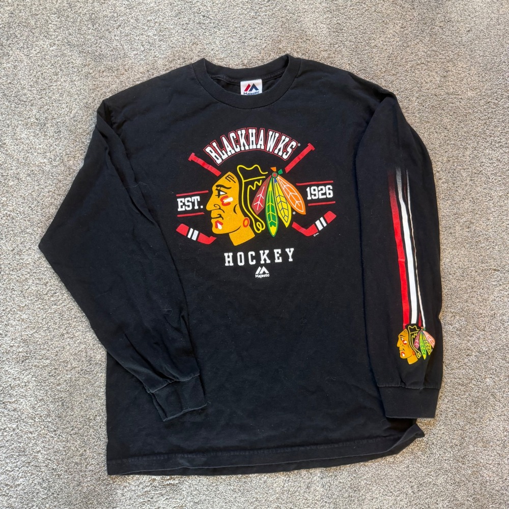 Majestic Chicago Blackhawks NHL Hockey Long Sleeve T-Shirt Black Mens Large